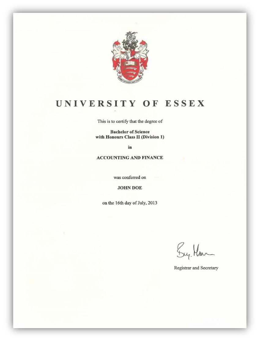 英国埃塞克斯大学毕业证书样本