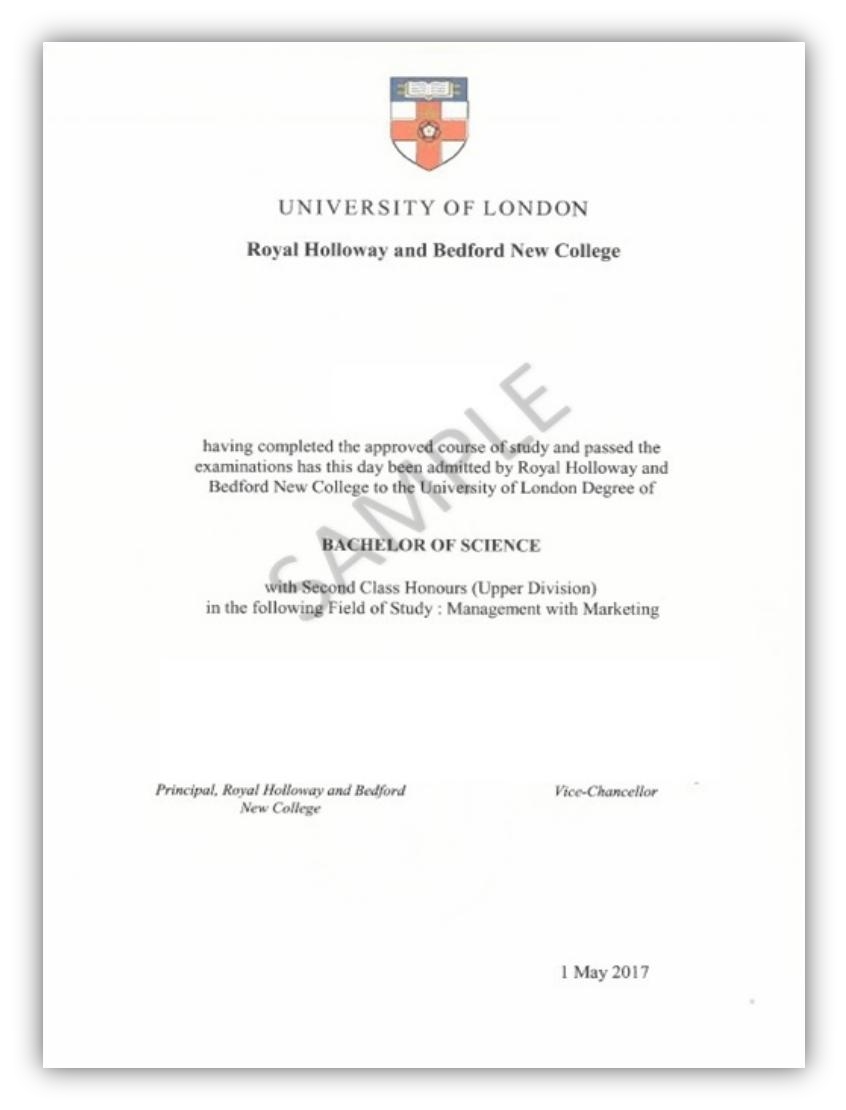 英国伦敦大学皇家霍洛威学院毕业正式样本